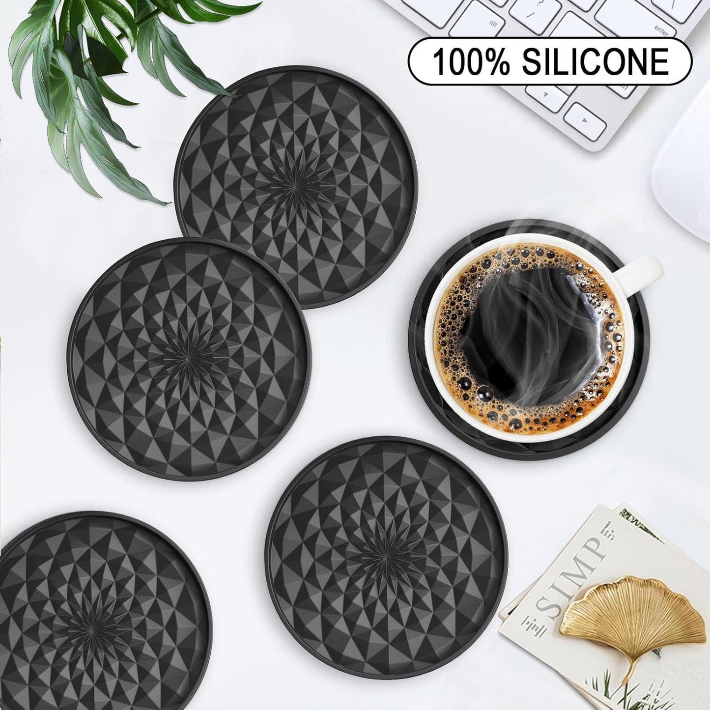 Dark Blue and Black Geometric Silicone Drink Coasters Set (6 Pack) with Holder - Non-Slip Table Protectors