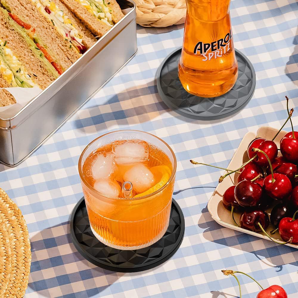 Dark Blue and Black Geometric Silicone Drink Coasters Set (6 Pack) with Holder - Non-Slip Table Protectors