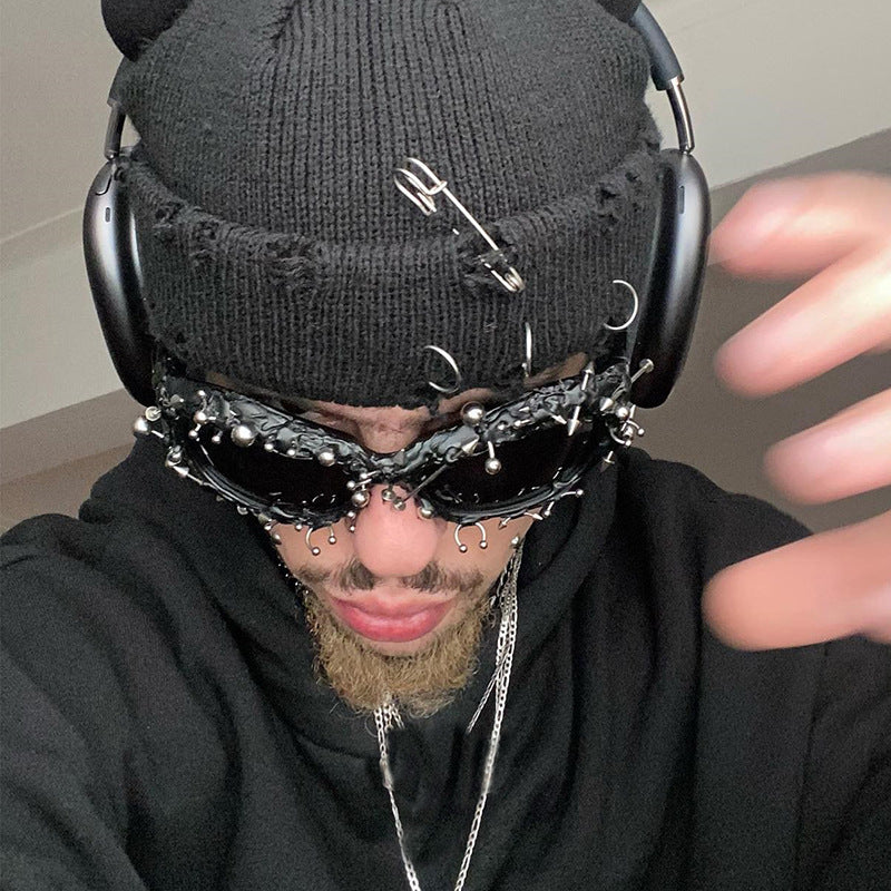 Blue Edgy Punk Rock Spiked Sunglasses - Statement Goth Studded Eyewear