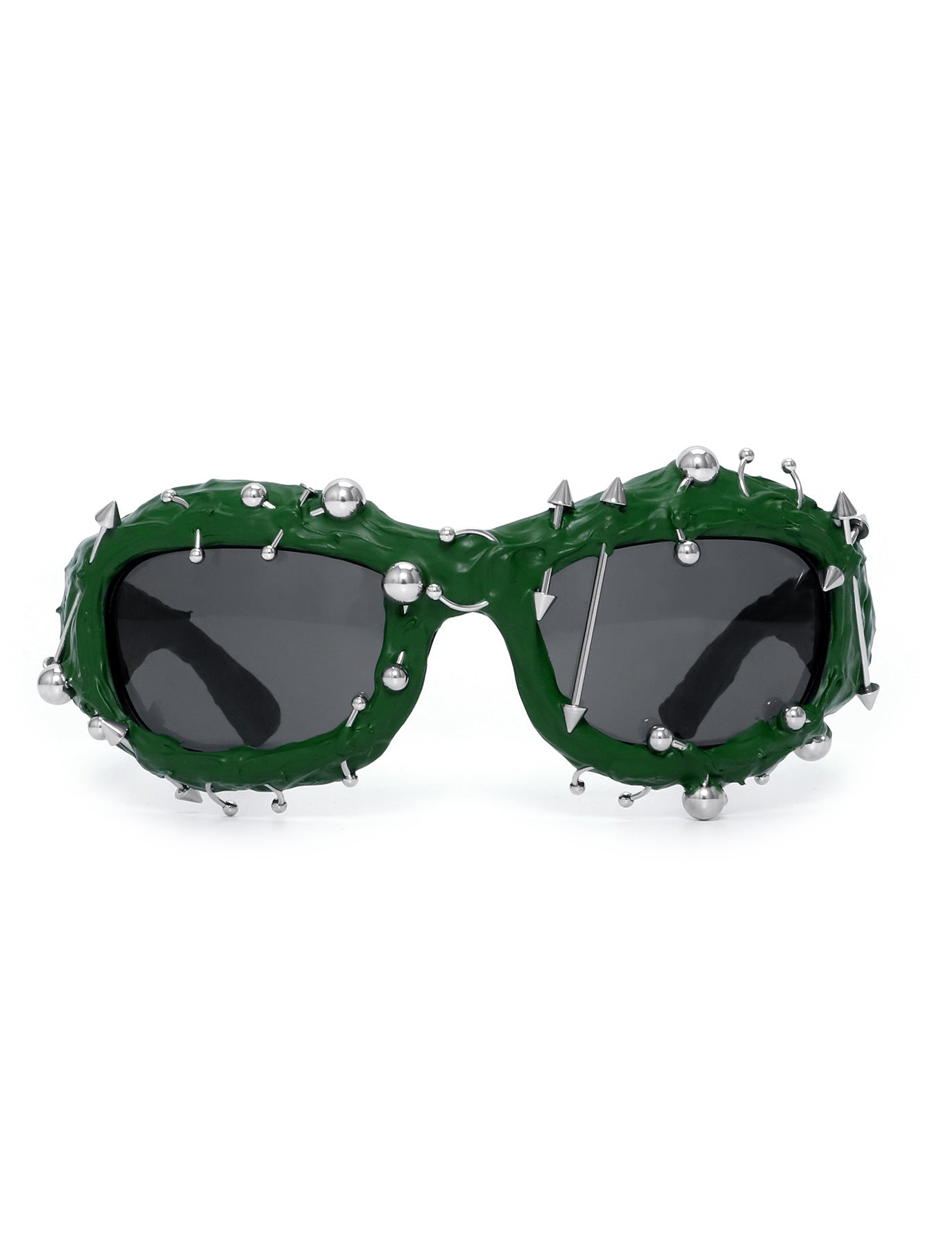 Green Edgy Punk Rock Spiked Sunglasses - Statement Goth Studded Eyewear