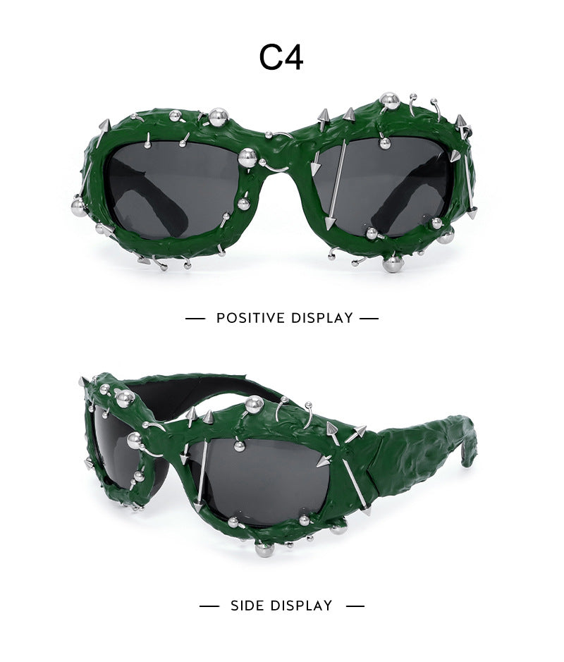 Green Edgy Punk Rock Spiked Sunglasses - Statement Goth Studded Eyewear