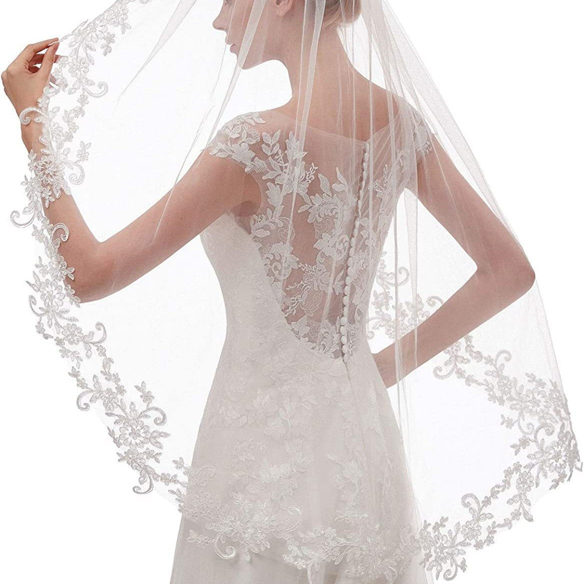 White Elegant Short Bridal Veil - Single Tier with Delicate Lace Applique Edge - Wedding Hair Accessory