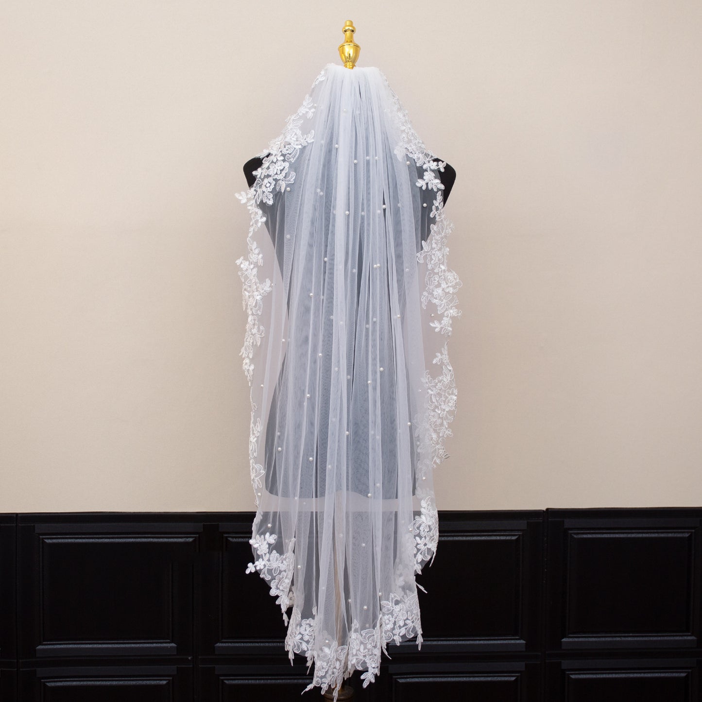 White Elegant Long Bridal Veil with Pearl Accents & Lace Edge - Includes Metal Comb