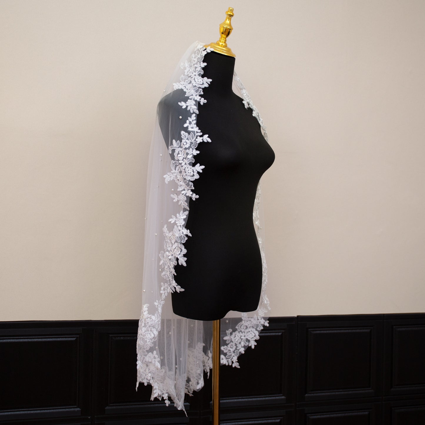 White Elegant Long Bridal Veil with Pearl Accents & Lace Edge - Includes Metal Comb