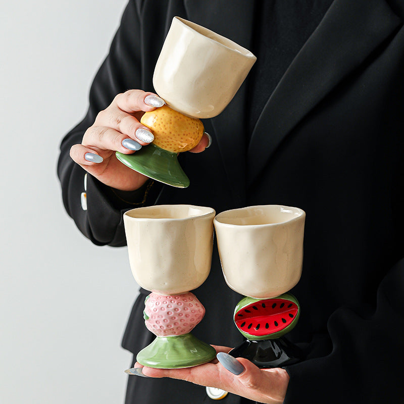 Pink Whimsical Strawberry Stem Ceramic Goblet - 150ml Hand-Painted Strawberry Design, Unique Coffee & Drinkware Gift with Box