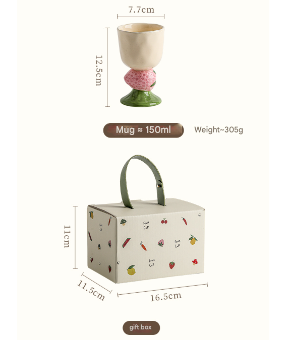 Pink Whimsical Strawberry Stem Ceramic Goblet - 150ml Hand-Painted Strawberry Design, Unique Coffee & Drinkware Gift with Box