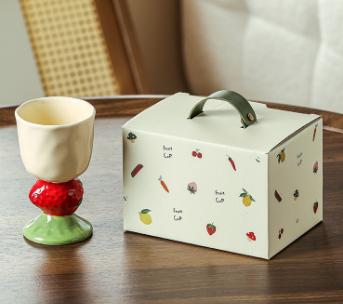 Red Whimsical Strawberry Stem Ceramic Goblet - 150ml Hand-Painted Strawberry Design, Unique Coffee & Drinkware Gift with Box