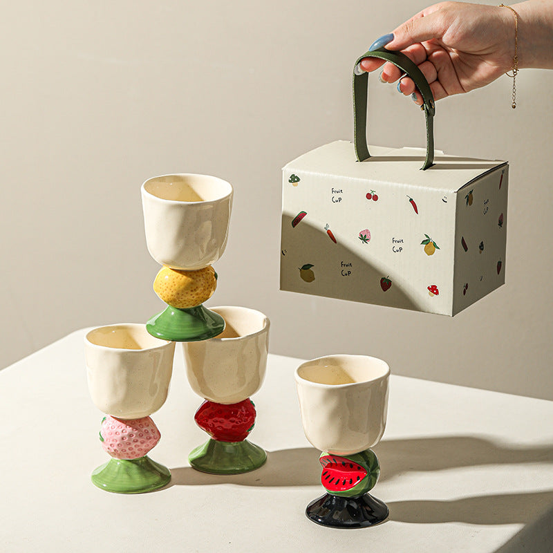 Red Whimsical Watermelon Stem Ceramic Goblet - 150ml Hand-Painted Watermelon Design, Unique Coffee & Drinkware Gift with Box