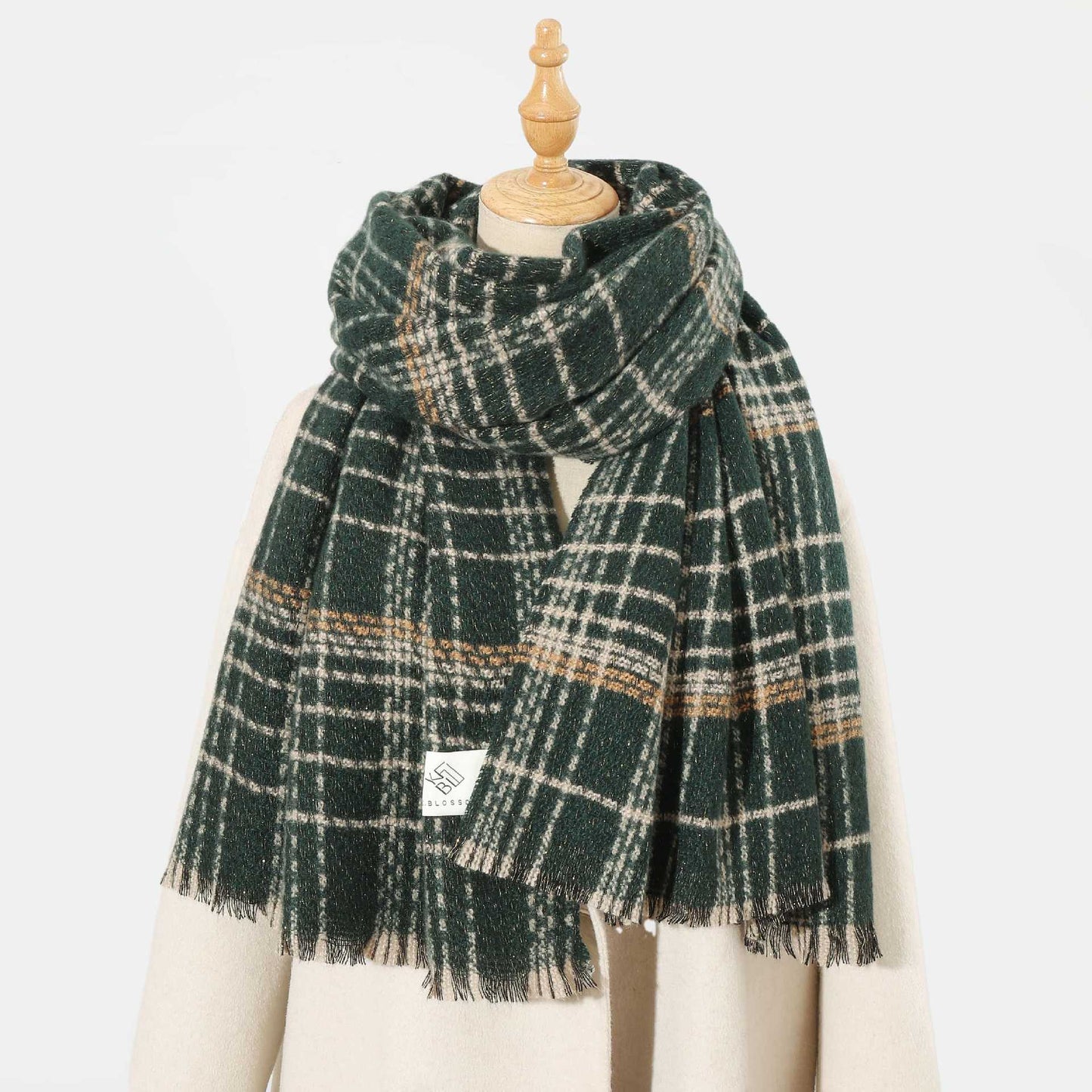 Green Chic Plaid Winter Scarf - Large Soft Polyester Shawl Wrap with Tassels, Korean Inspired Fashion