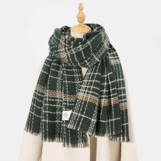 Green Chic Plaid Winter Scarf - Large Soft Polyester Shawl Wrap with Tassels, Korean Inspired Fashion