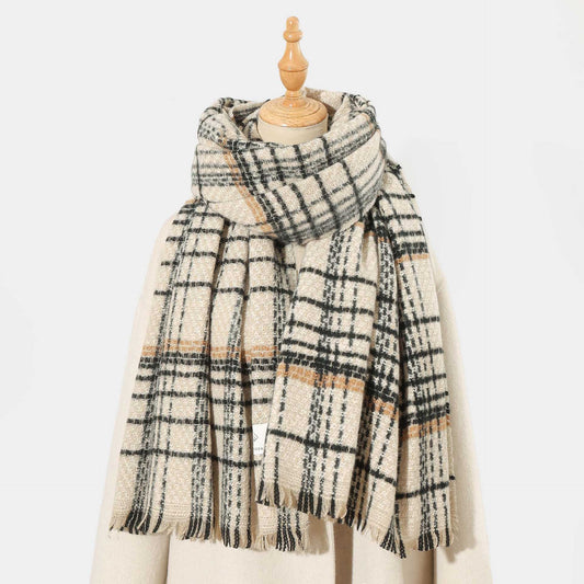 Beige Chic Plaid Winter Scarf - Large Soft Polyester Shawl Wrap with Tassels, Korean Inspired Fashion