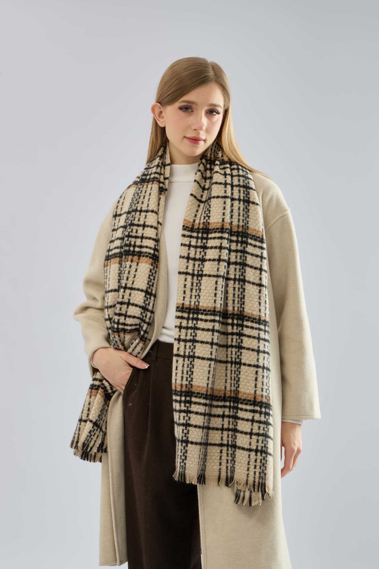Coffee Chic Plaid Winter Scarf - Large Soft Polyester Shawl Wrap with Tassels, Korean Inspired Fashion
