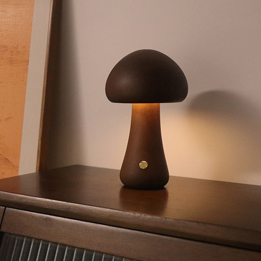 Dark Brown Solid Wood Mushroom LED Table Lamp - Rechargeable Touch Control Bedside Night Light (Large)