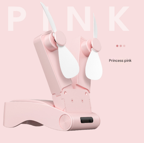 Pink Creative Dual-Head Folding Handheld Fan - USB Rechargeable, 3-Speed Strong Wind, 10.5x4.5x4cm