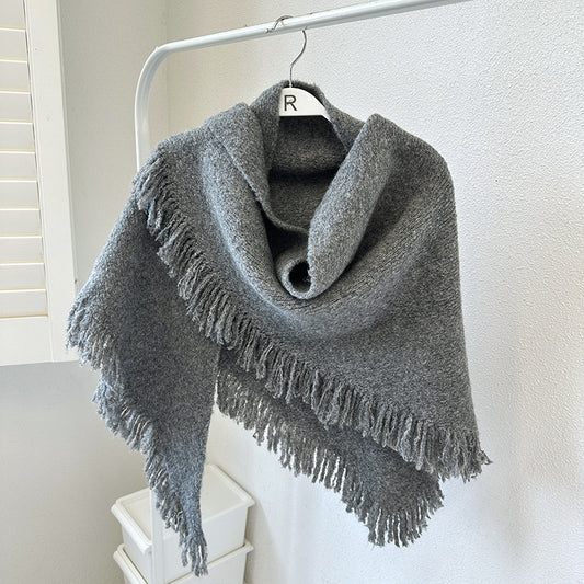 Grey Versatile Fringed Faux Wool Triangle Shawl - Warm Knitted Scarf