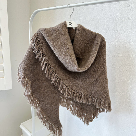 Coffee Versatile Fringed Faux Wool Triangle Shawl - Warm Knitted Scarf