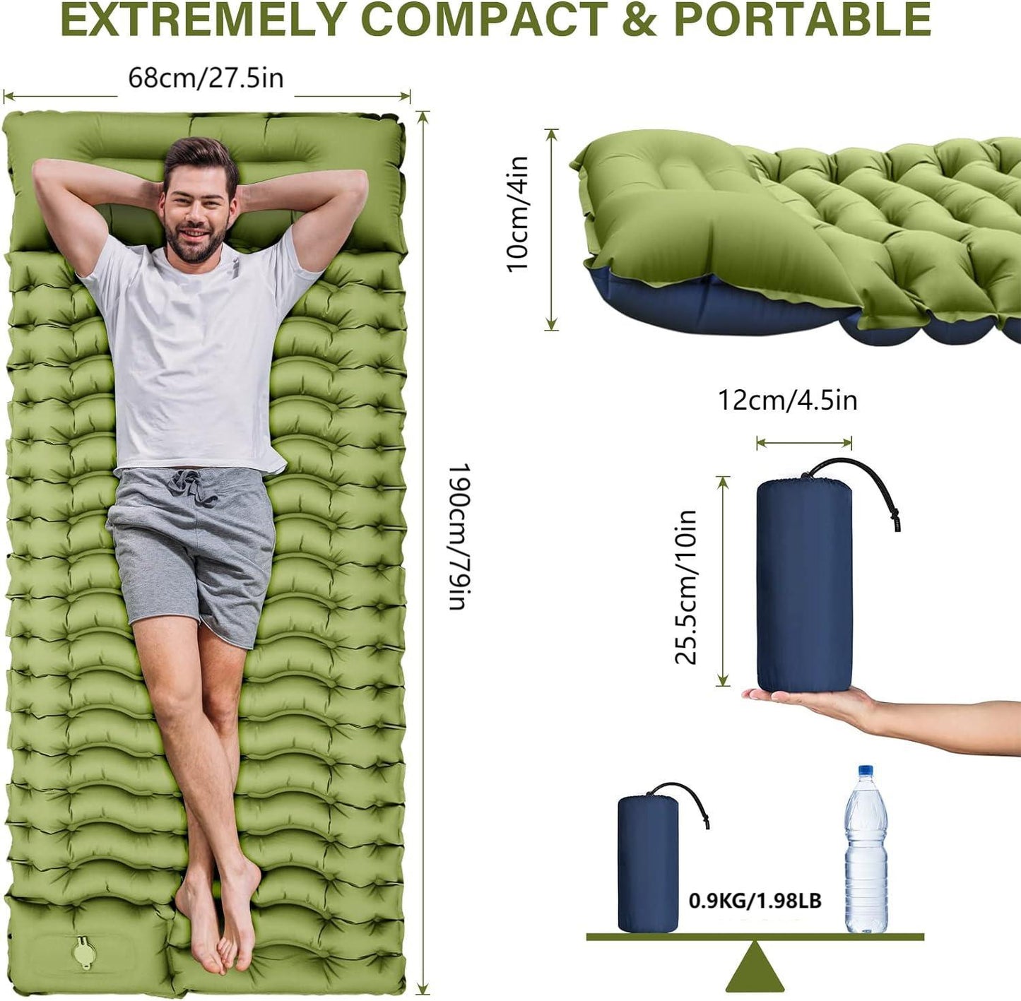 Green 190cm Ultra-Light Foot Pump Inflatable Camping Sleeping Pad