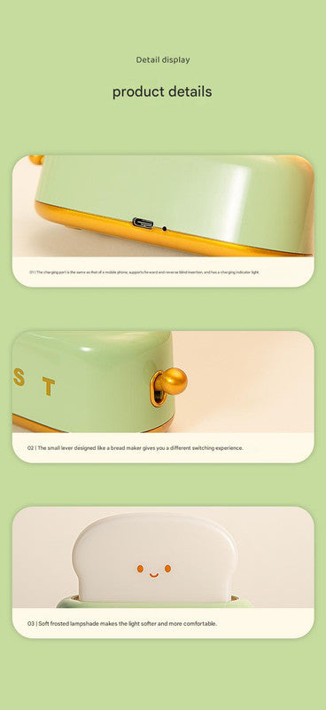 Adorable Toast-Shaped LED Night Light - Dimmable, Timer, USB-C Rechargeable, Long Battery Life(Green)