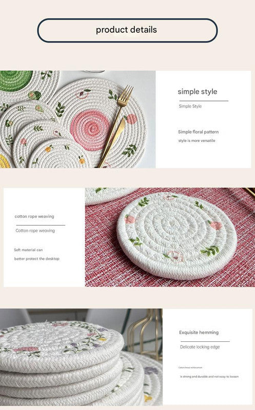 (Avocado) Cotton Rope Woven Placemats - Set of 5, 18cm Diameter Heat Resistant Kitchen Decor
