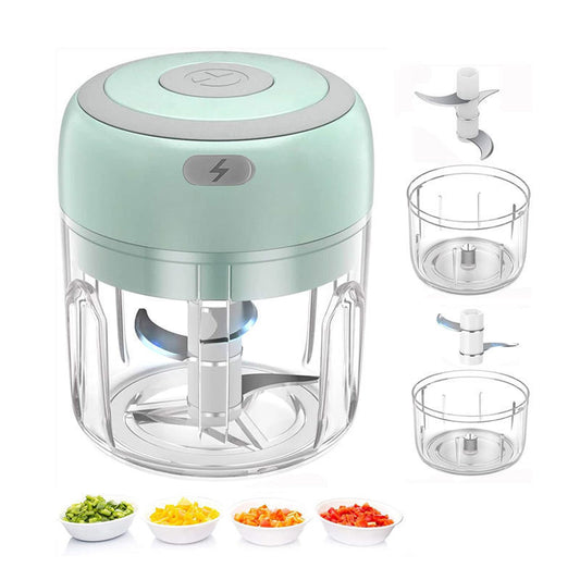 Green Compact Cordless Electric Mini Food Chopper Set - USB Rechargeable Garlic Masher & Veggie Dicer (100ml & 250ml)