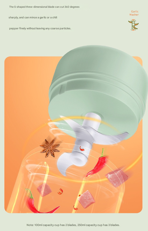 Green Compact Cordless Electric Mini Food Chopper Set - USB Rechargeable Garlic Masher & Veggie Dicer (100ml & 250ml)