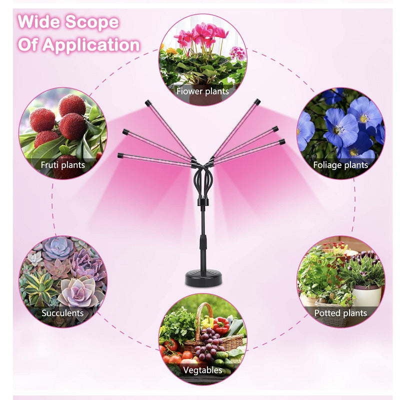 Black Adjustable 5-Head LED Grow Light - Full Spectrum Desktop Plant Lamp with Telescopic Stand, USB Powered for Indoor Seedlings & Flowers