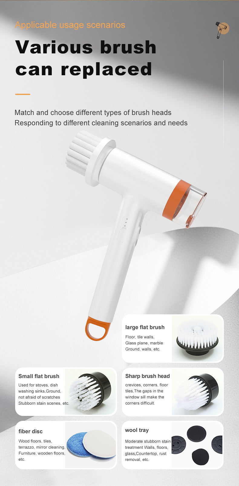 Black and Orange Powerful Cordless Electric Spin Scrubber - Rechargeable Multi-Head Cleaning Brush with Soap Dispenser