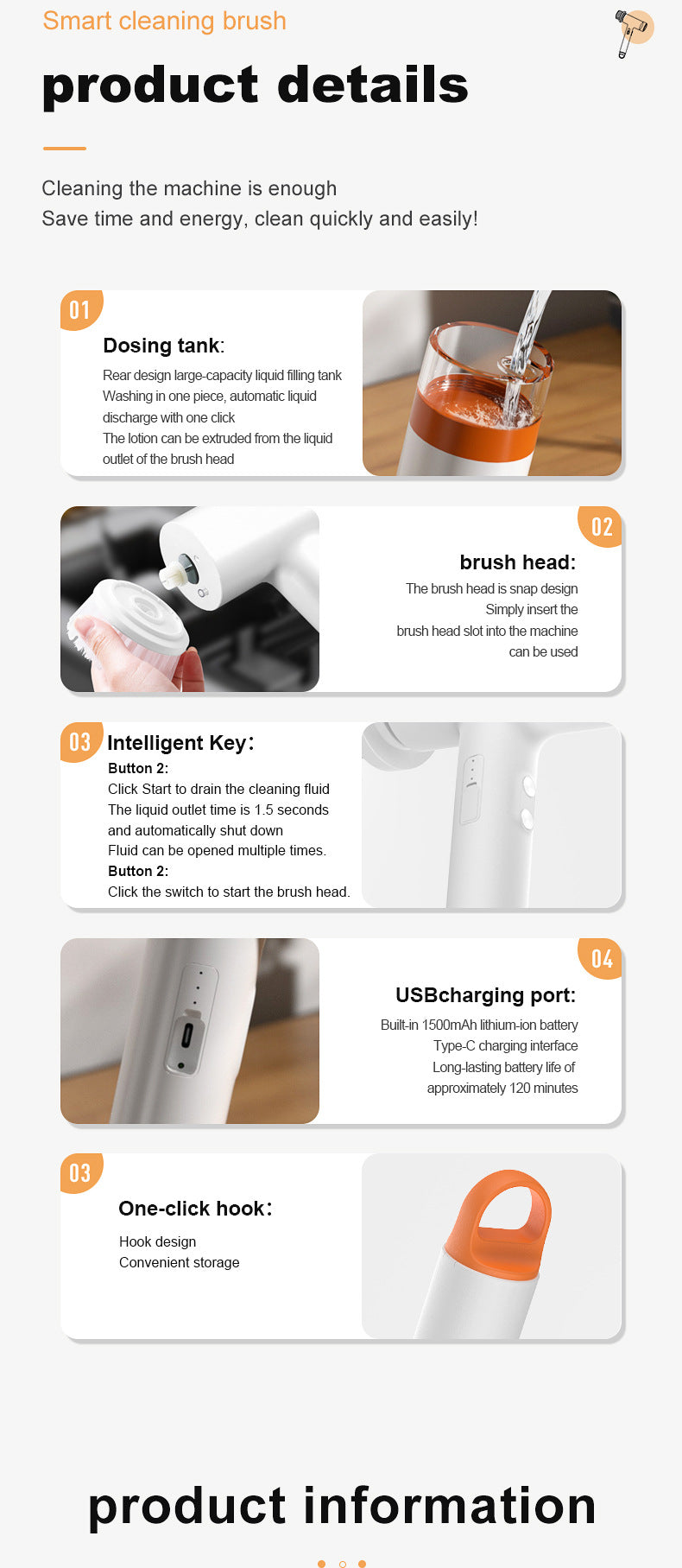 Black and Orange Powerful Cordless Electric Spin Scrubber - Rechargeable Multi-Head Cleaning Brush with Soap Dispenser