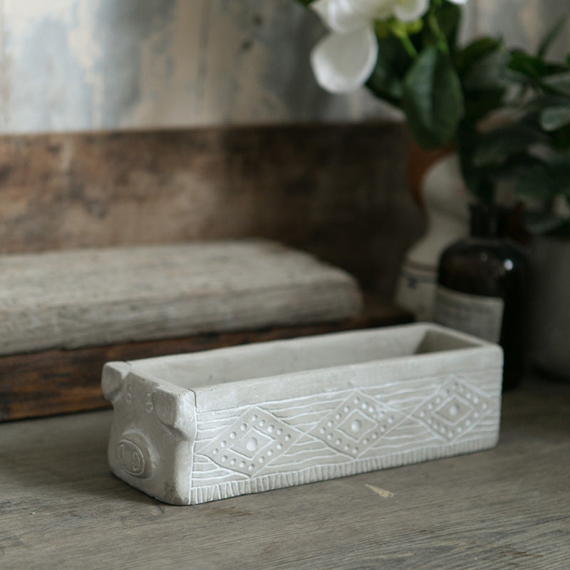 Grey Rustic Cement Pig Design Succulent Planter Trough - 31cm Decorative Animal Pot