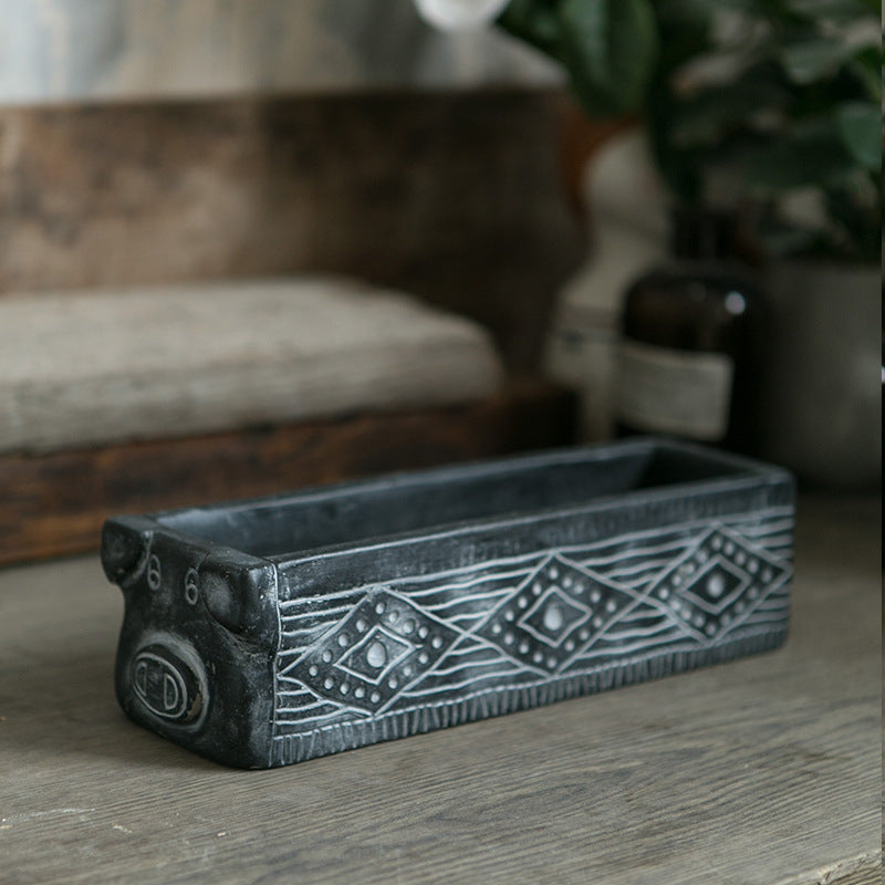 Black Rustic Cement Pig Design Succulent Planter Trough - 31cm Decorative Animal Pot