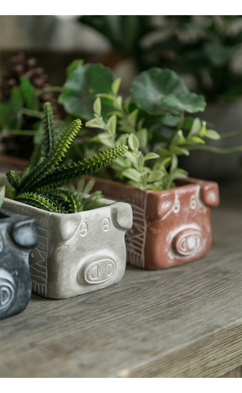 Brown Rustic Cement Pig Design Succulent Planter Trough - 31cm Decorative Animal Pot