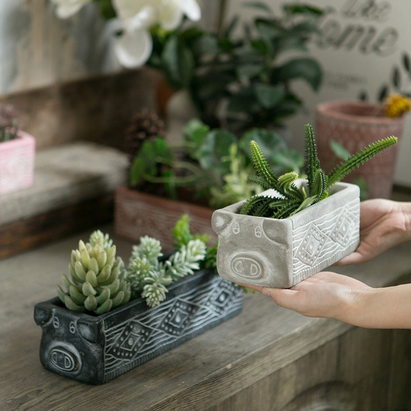 Brown Rustic Cement Pig Design Succulent Planter Trough - 31cm Decorative Animal Pot
