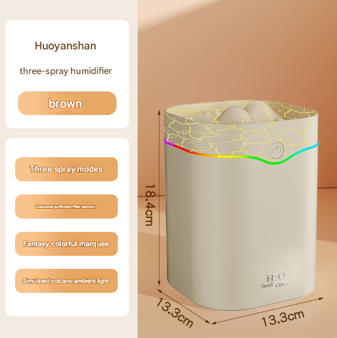 Brown Volcano Style 2L Cool Mist Humidifier - Triple Nozzle with RGB LED & Quiet Operation