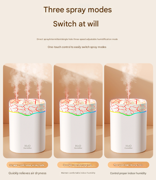 Brown Volcano Style 2L Cool Mist Humidifier - Triple Nozzle with RGB LED & Quiet Operation