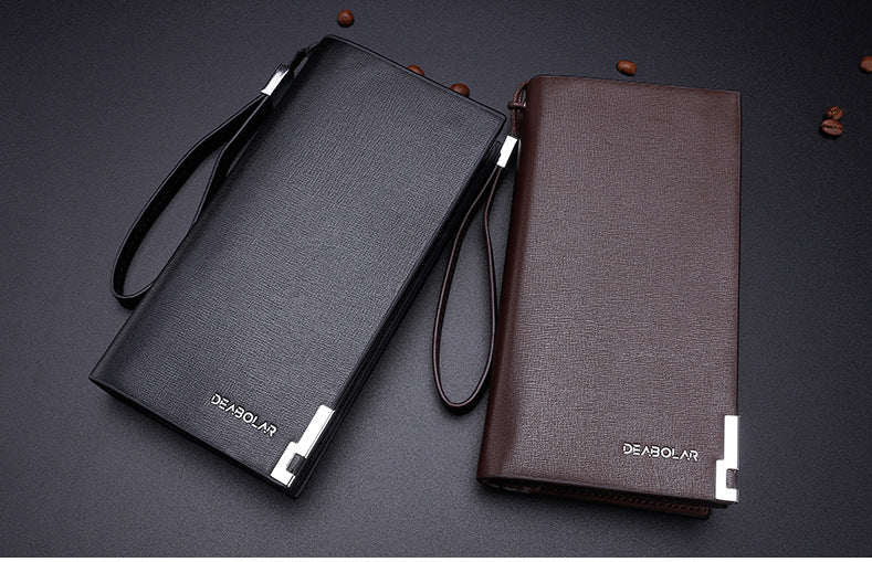 Brown Men's Business Casual Long Wallet Clutch - PU Leather Large Capacity Phone & Card Holder with Wrist Strap