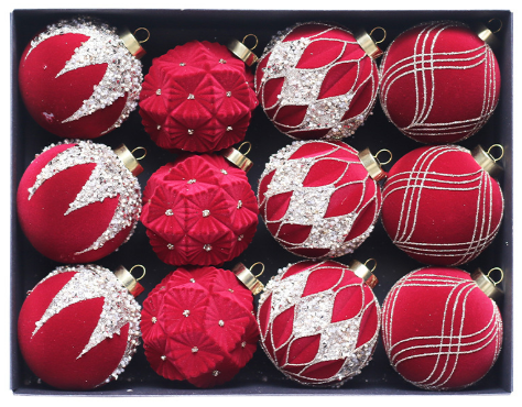 Red 12-Piece 8cm Christmas Bauble Set - Colorful Flocked Tree Ornaments
