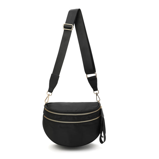 Black Trendy Sling Bag - Women's Crescent Crossbody Purse with Wide Adjustable Strap