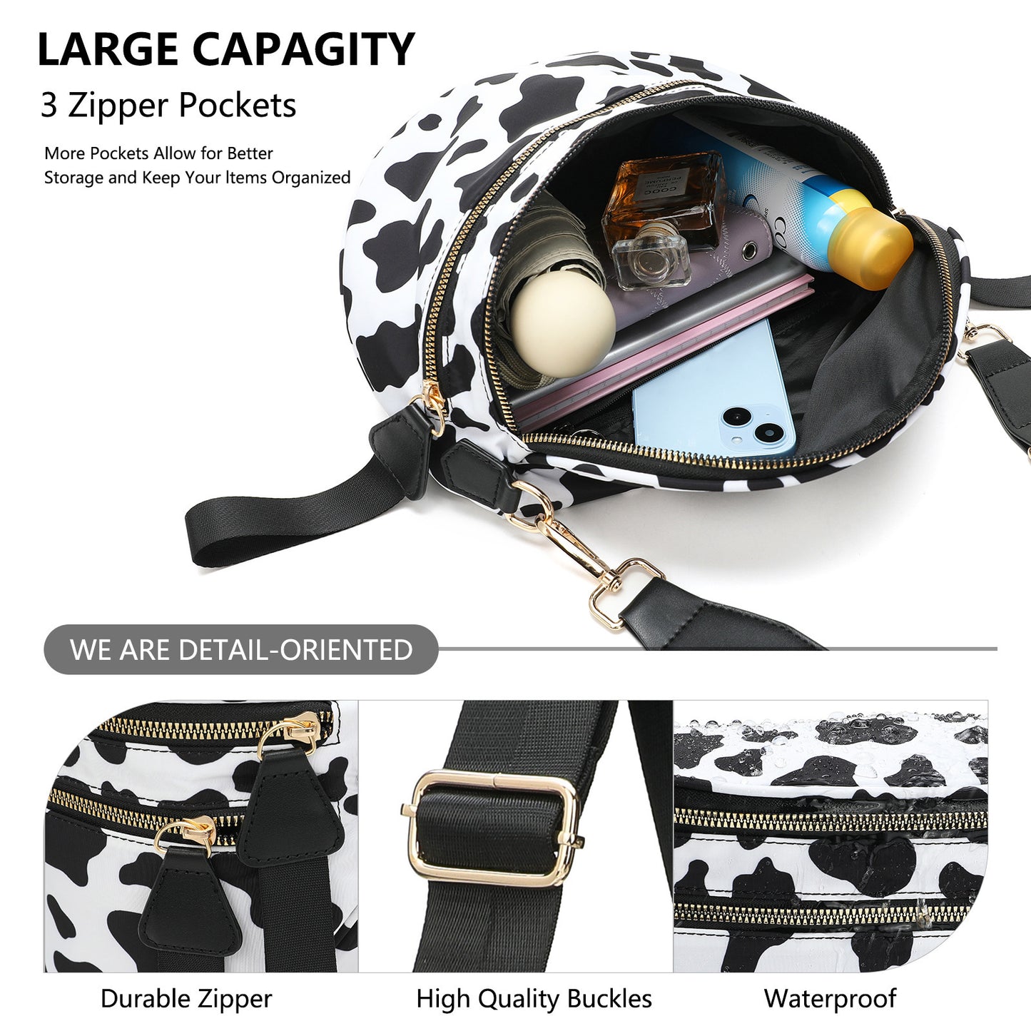 Black and White Checkered Trendy Sling Bag - Women's Crescent Crossbody Purse with Wide Adjustable Strap
