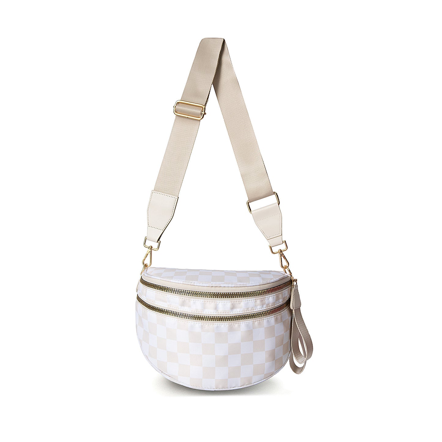 Beige Checkered Trendy Sling Bag - Women's Crescent Crossbody Purse with Wide Adjustable Strap