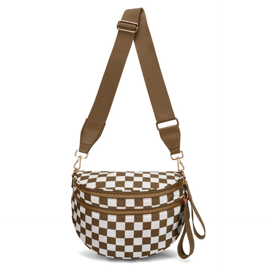 Brown Checkered Trendy Sling Bag - Women's Crescent Crossbody Purse with Wide Adjustable Strap