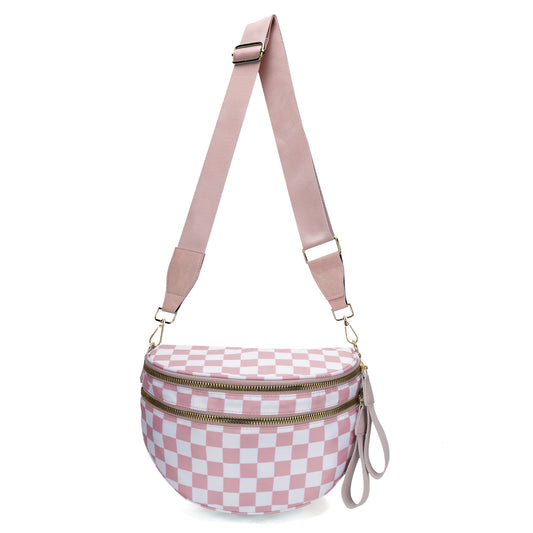 Pink Checkered Trendy Sling Bag - Women's Crescent Crossbody Purse with Wide Adjustable Strap