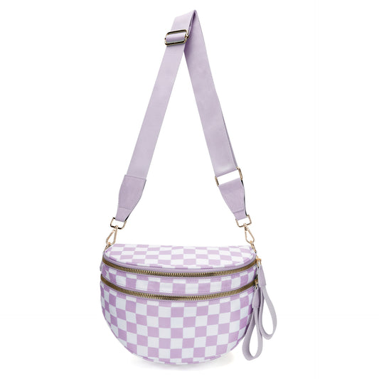 Light Purple Checkered Trendy Sling Bag - Women's Crescent Crossbody Purse with Wide Adjustable Strap
