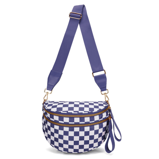 Dark Purple Checkered Trendy Sling Bag - Women's Crescent Crossbody Purse with Wide Adjustable Strap