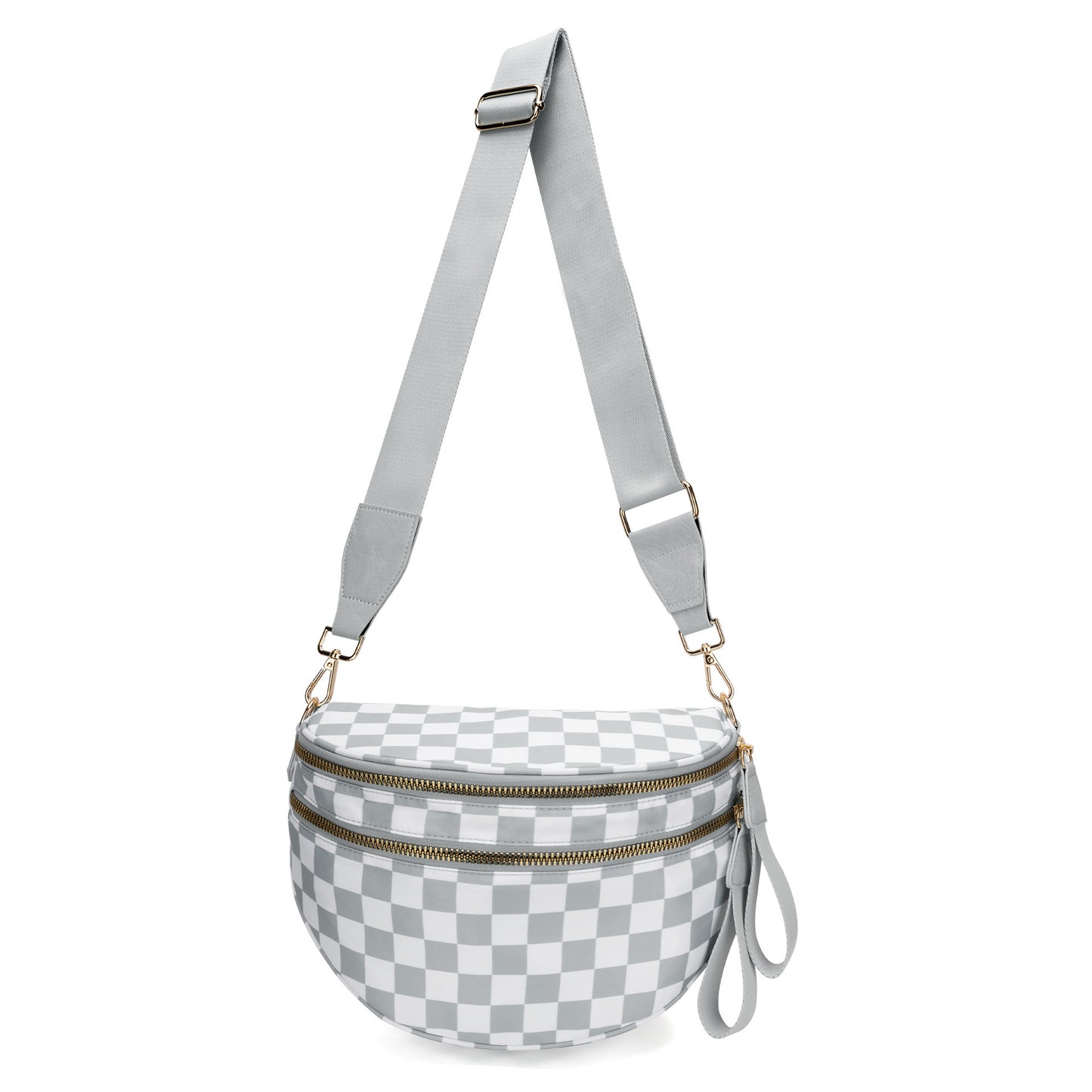 Light Grey Checkered Trendy Sling Bag - Women's Crescent Crossbody Purse with Wide Adjustable Strap
