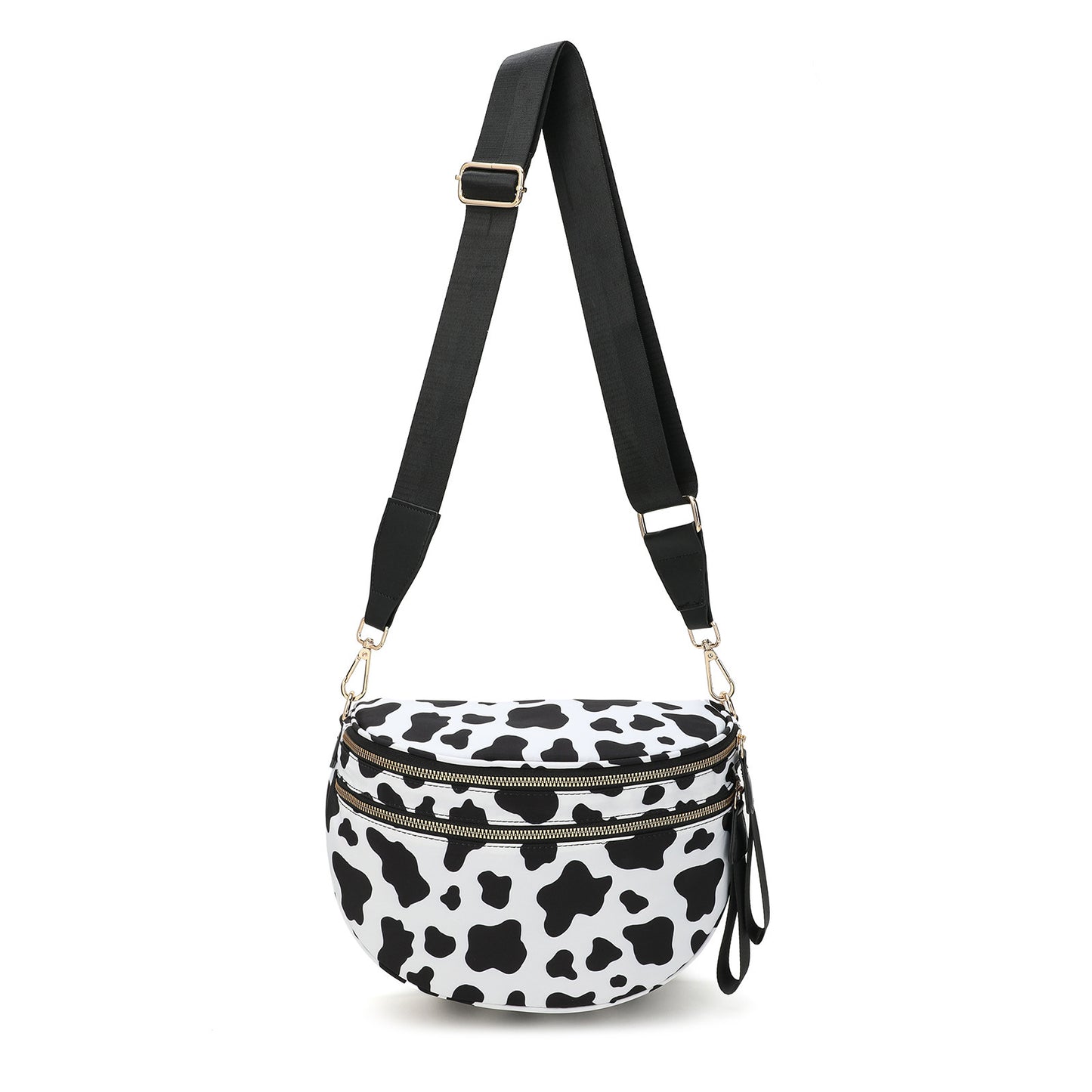 Black-white Cow Checkered Trendy Sling Bag - Women's Crescent Crossbody Purse with Wide Adjustable Strap