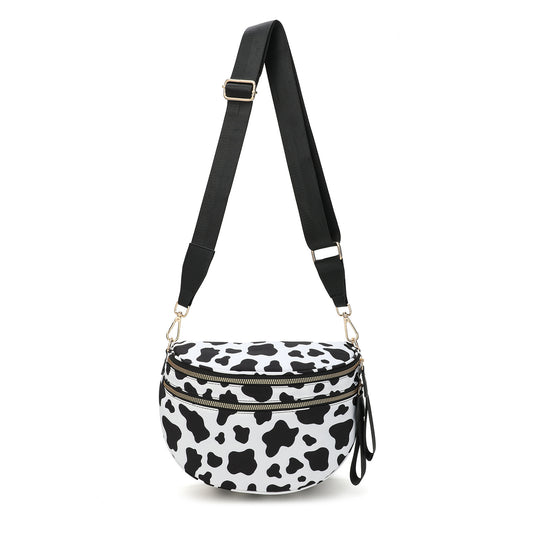 Black-white Cow Checkered Trendy Sling Bag - Women's Crescent Crossbody Purse with Wide Adjustable Strap