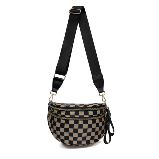 Black-brown Checkered Trendy Sling Bag - Women's Crescent Crossbody Purse with Wide Adjustable Strap