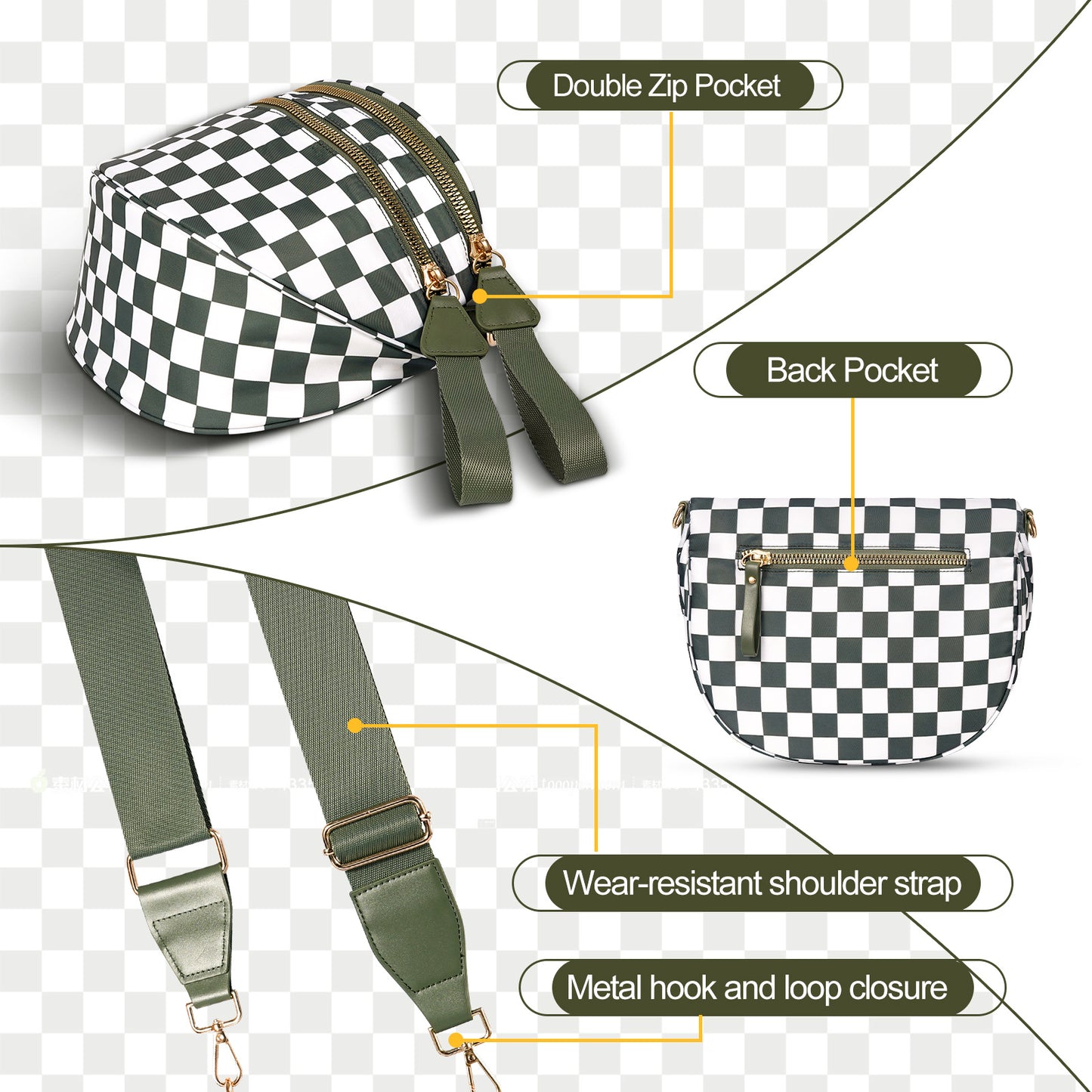 Light Brown Checkered Trendy Sling Bag - Women's Crescent Crossbody Purse with Wide Adjustable Strap