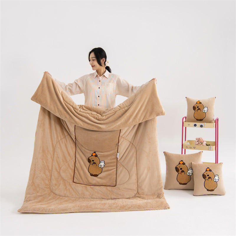 Dark Green Kapybara - 2-in-1 Foldable Car Pillow Blanket - Cozy 40x40cm Pillow, Unfolds to 100x150cm Blanket for Travel and Office Naps