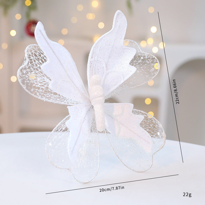 White Large Glitter Butterfly Christmas Ornaments (Set of 2) - Clip-On Decorations for Trees & Wreaths